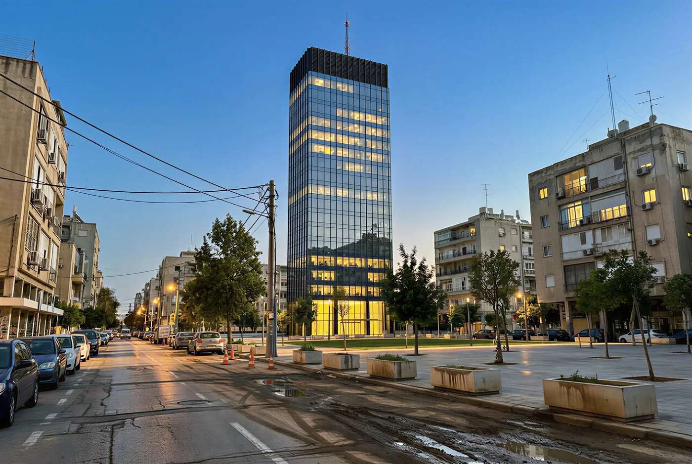 Torre de oficinas de cristal al atardecer