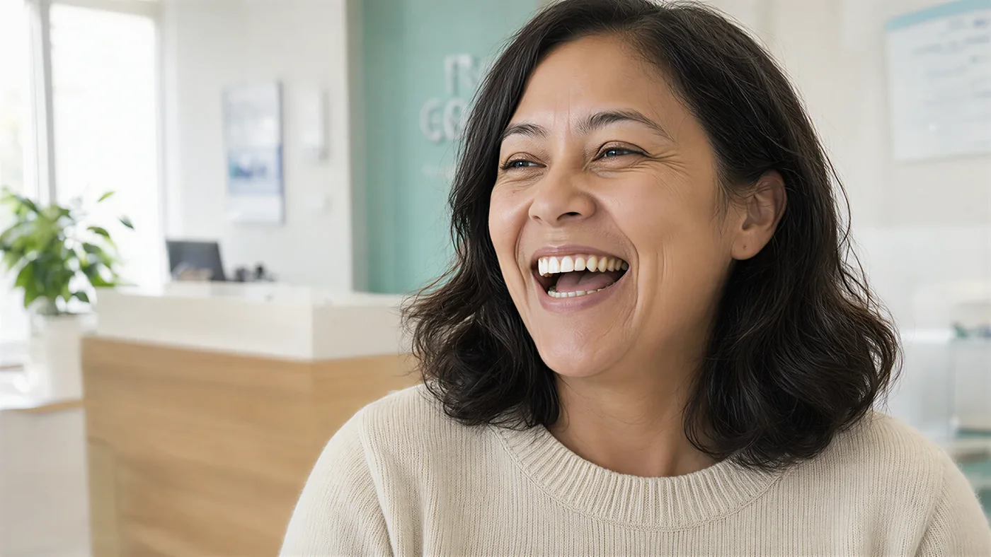 Paciente sonriendo en una clínica dental