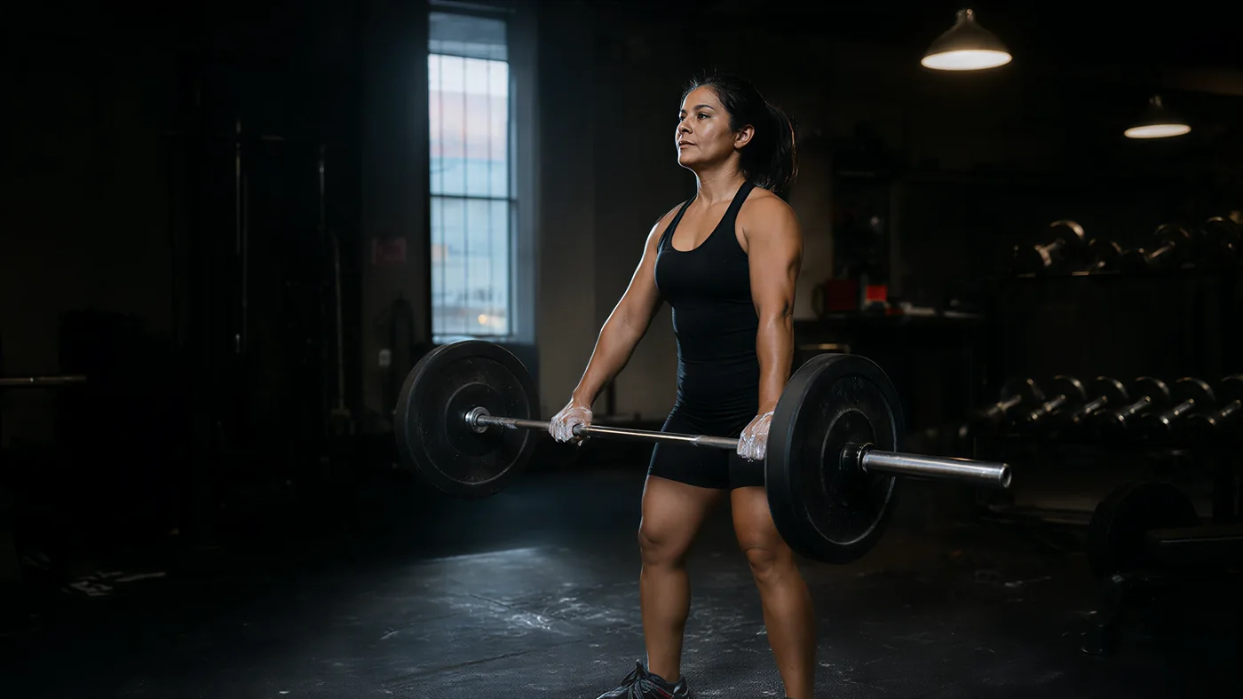 Mujer levantando una barra en un gimnasio