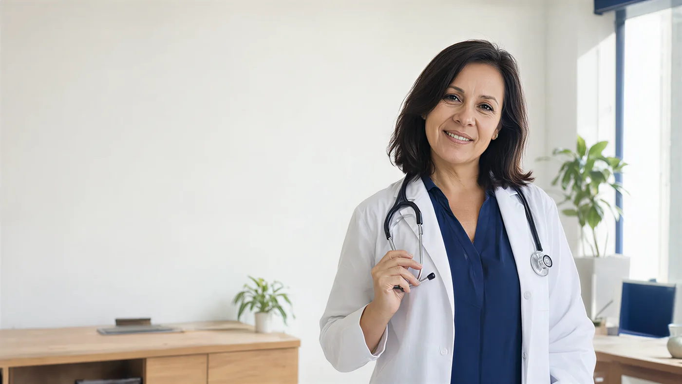 Médica de bata blanca en su consultorio